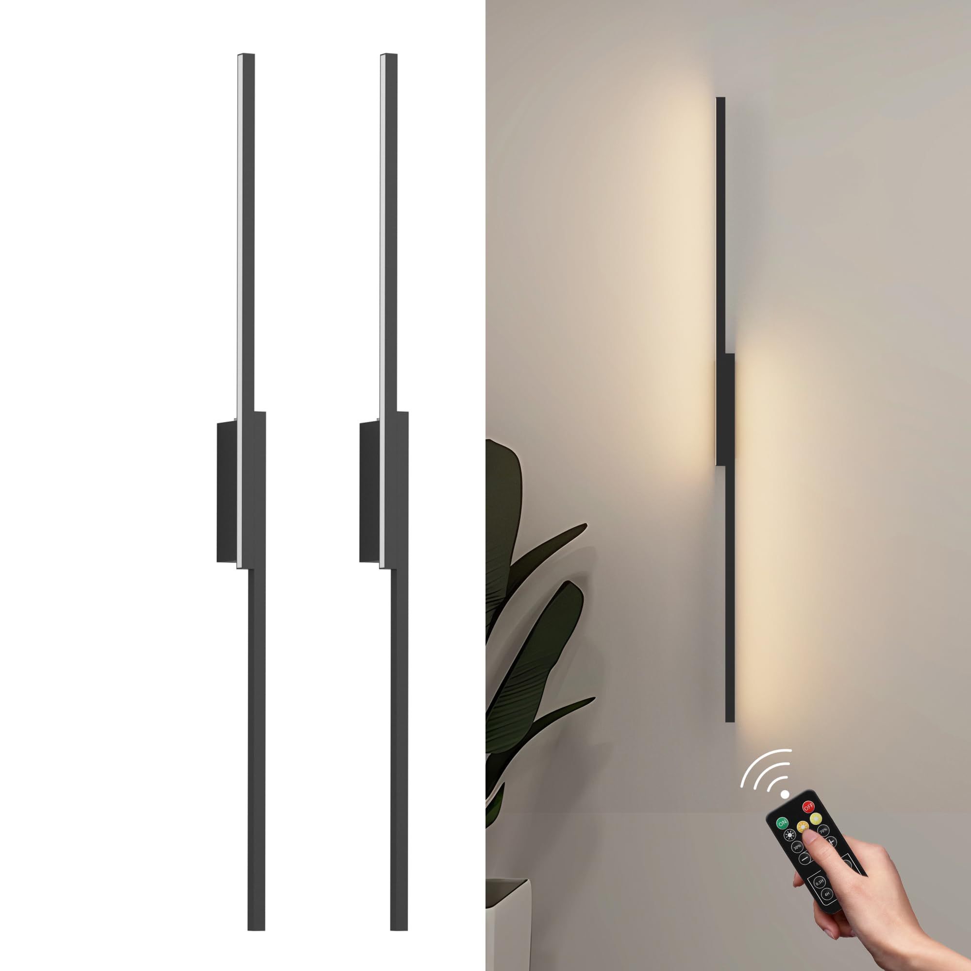 aipsun 39.4inch black battery operated wall sconce set of 2, rechargeable wall sconce lighting dimmable wireless wall lights for living room,bedroom