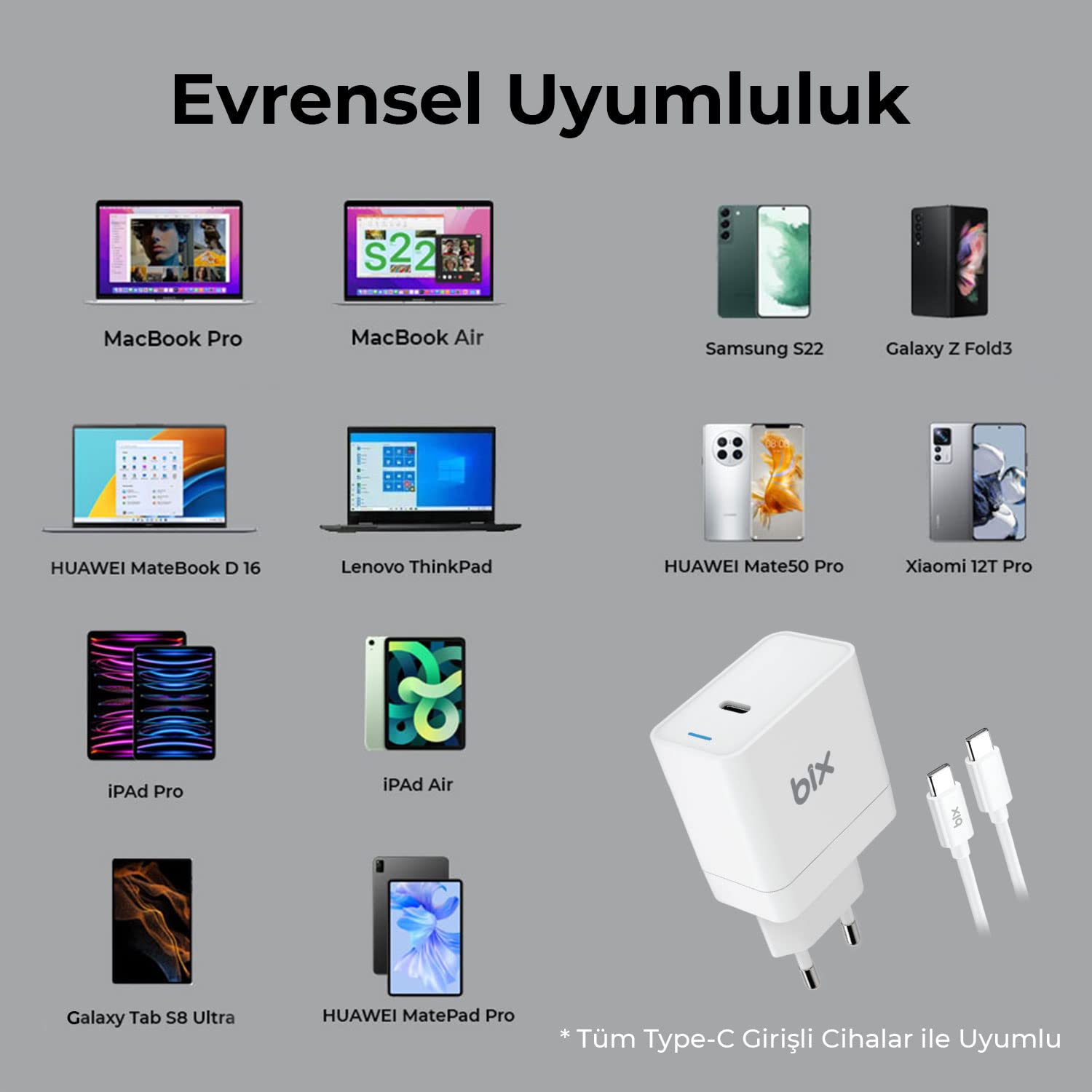 Bix BXUC65FTA 65W PD Typ-C Girişli Macbook Pro/Air Şarj Cihazı, MacBook Air/Pro 13/14/15/16 İnç Led Göstergeli ve Tüm Type-C Cihazlarıyla Uyumlu 2 Metre Type-C’den Type-C’ye Kablo