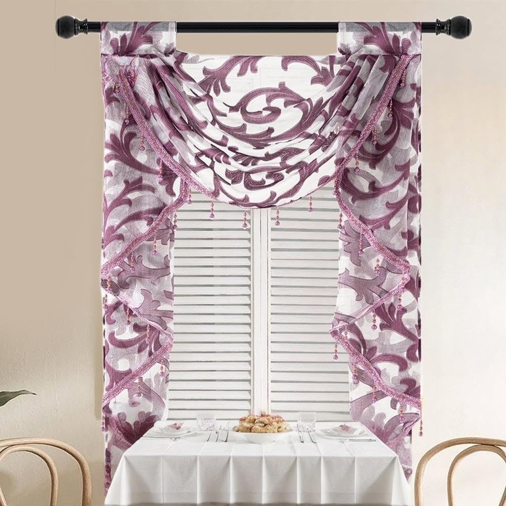 Sheer Waterfall Valances for Windows Swags Waterfall Valance Beaded Toppers Window Curtains for Living Room Tassel Valances for Kitchen White 60"x48" Inch(2 Swags)