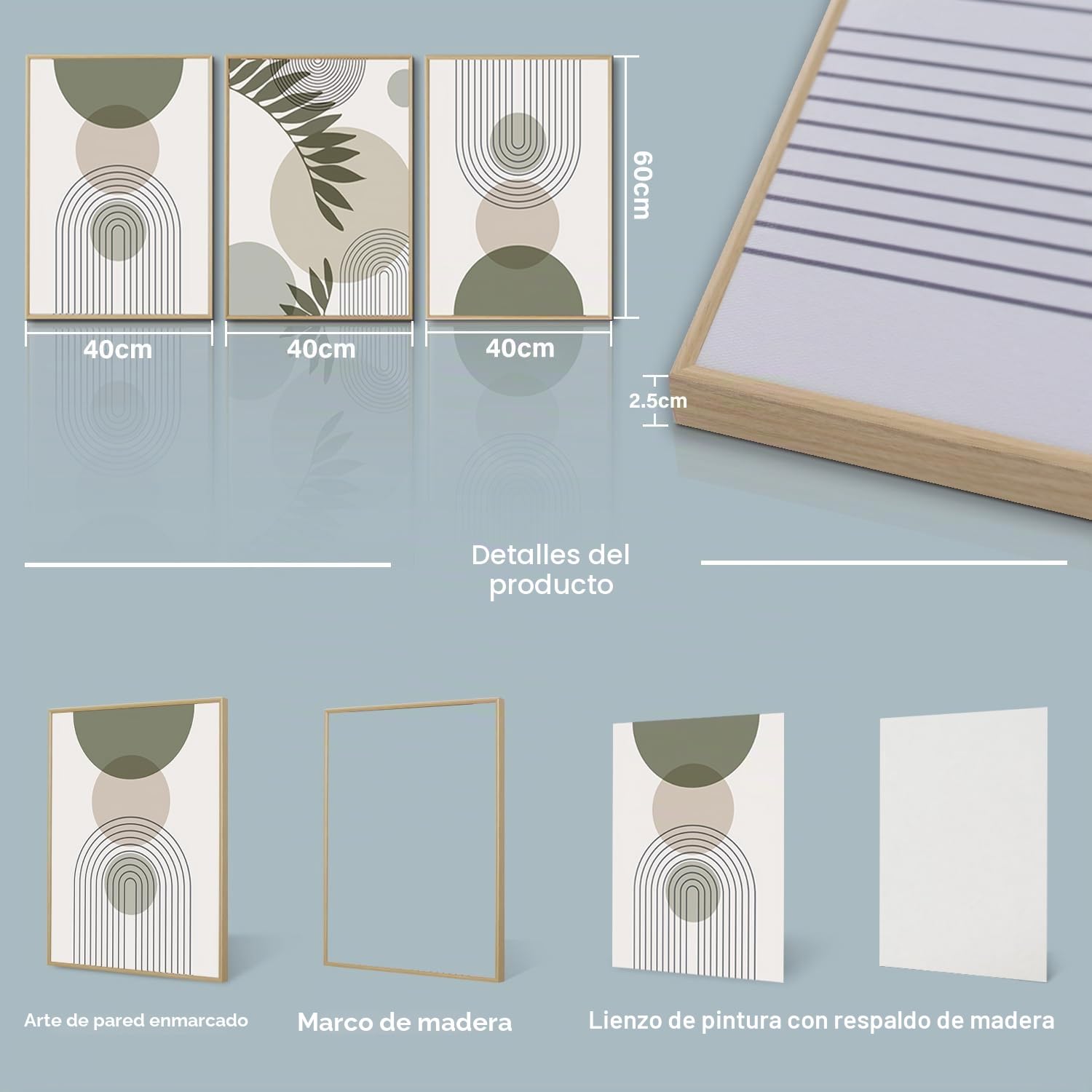 PWAAHDC Cuadros Decoracion Salon Modernos, 3 Piezas Verde Salvia Boho con Marco, Lienzos para Dormitorio, Pasillo, Escaleras, Cocina y Salon, 40x60cm