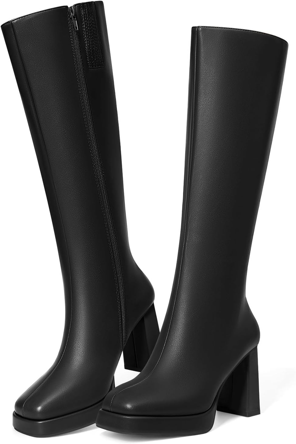 Coutgo Women’s Knee High Boots Platform Chunky High Heel Square Toe Side Zipper Gogo Boots Shoes