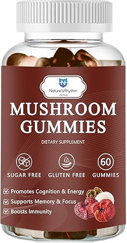 Gomitas orgánicas de hongos con hongo melena, reishi, cordyceps, gomitas de hongo melena de león para adultos, refuerzo del cerebro, apoyo