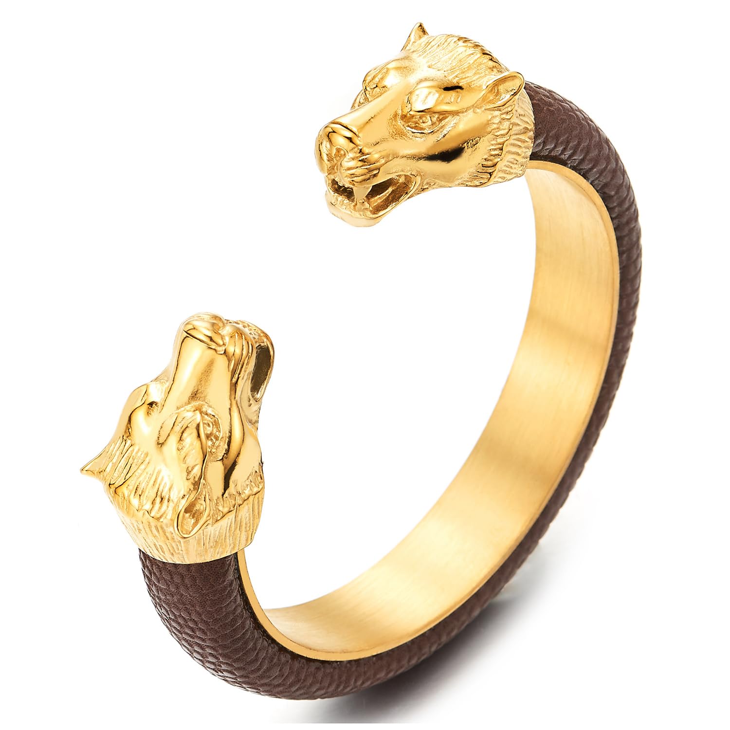 COOLSTEELANDBEYONDHombre Acero Inoxidable Cabeza de Lobo Pulsera, Abierto Brazalete con Incrustaciones Cuero, Elástica Ajustable