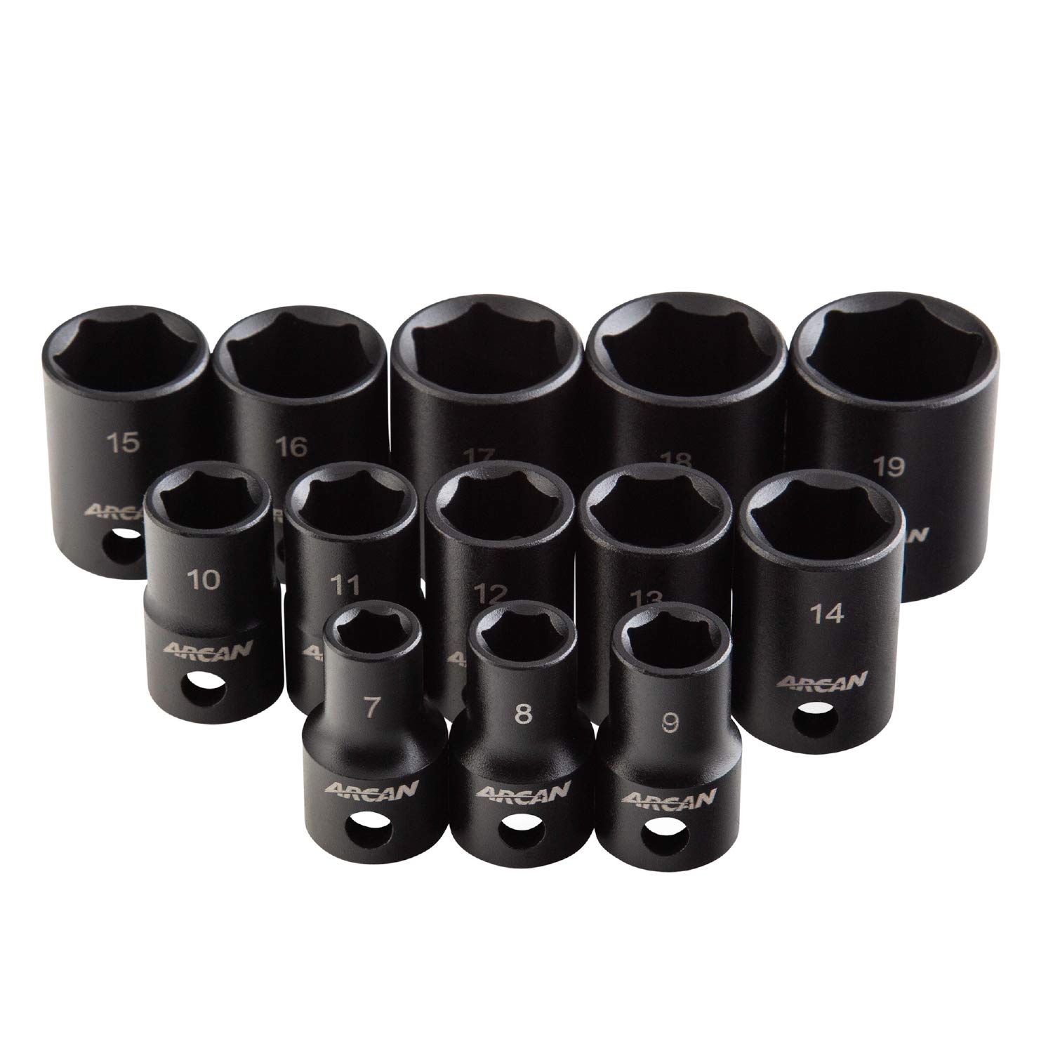 ARCAN PROFESSIONAL TOOLS 3/8 Inch Drive Shallow Impact Socket Set, Metric, 7mm - 19mm, Cr-V, 13-Piece (AS23813M)