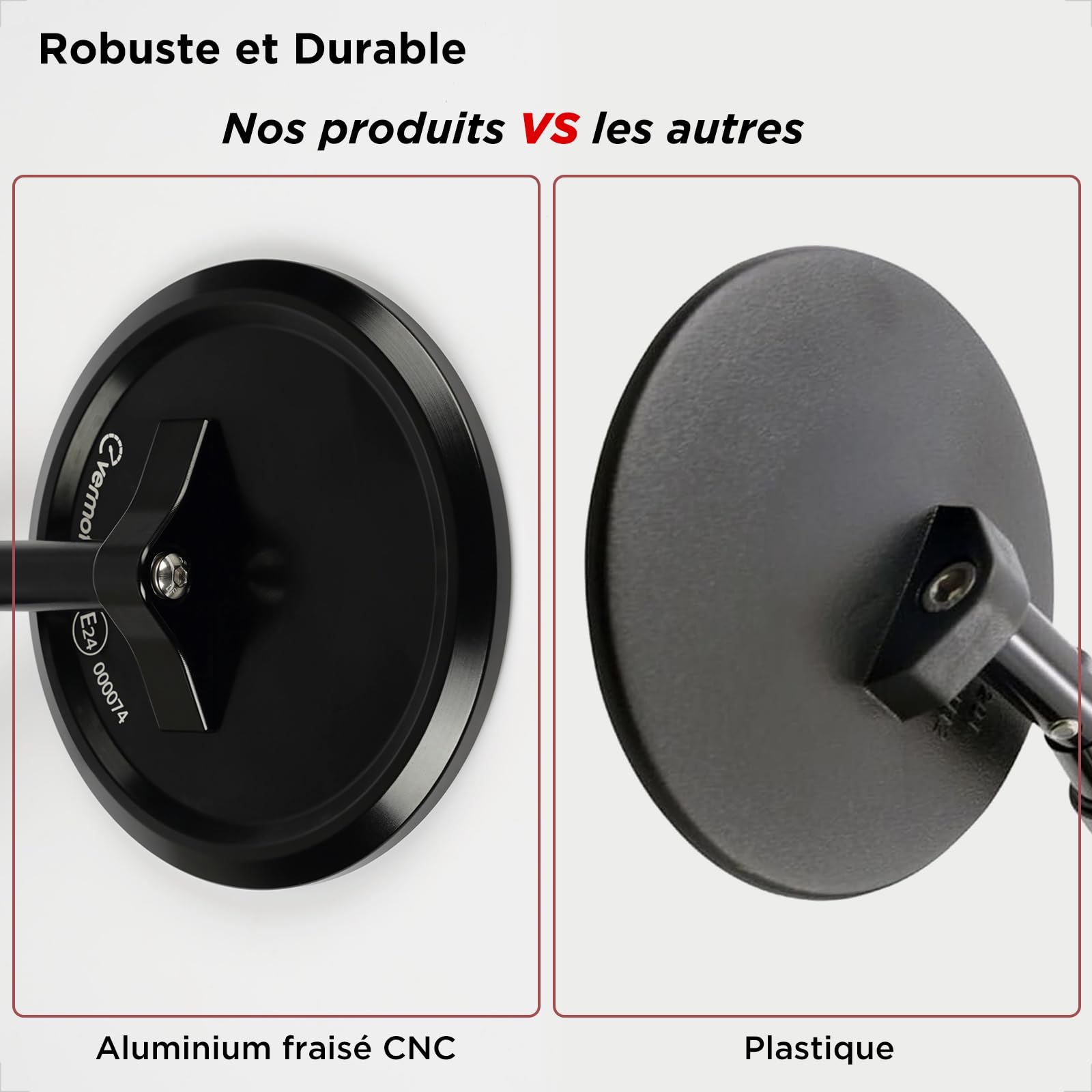 Evermotor Rétroviseur moto, Homologation E24, Rétroviseurs de guidon moto ajustables à 360°, Aluminium, Rond pour Scooters, ATVs, Mopeds, 2 pcs | 2 pièces réglables à 360° en aluminium pour Ø 22 mm et M8 rond pour scooter, ATV, cyclomoteur