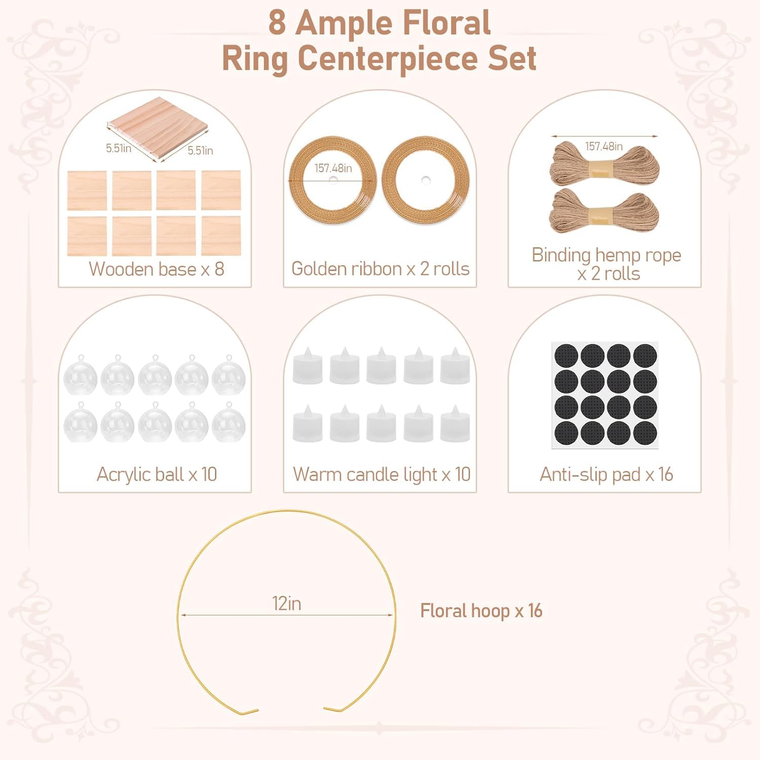 8 Stück Metallringe zum Basteln, 32cm Metallring mit Fuß,Deko Ring mit Ständer, Kerzenlicht & Transparenter Acrylhänger, Deko Hochzeitsgeschenk für Hochzeitstisch Kranz Dekor DIY Handwerk