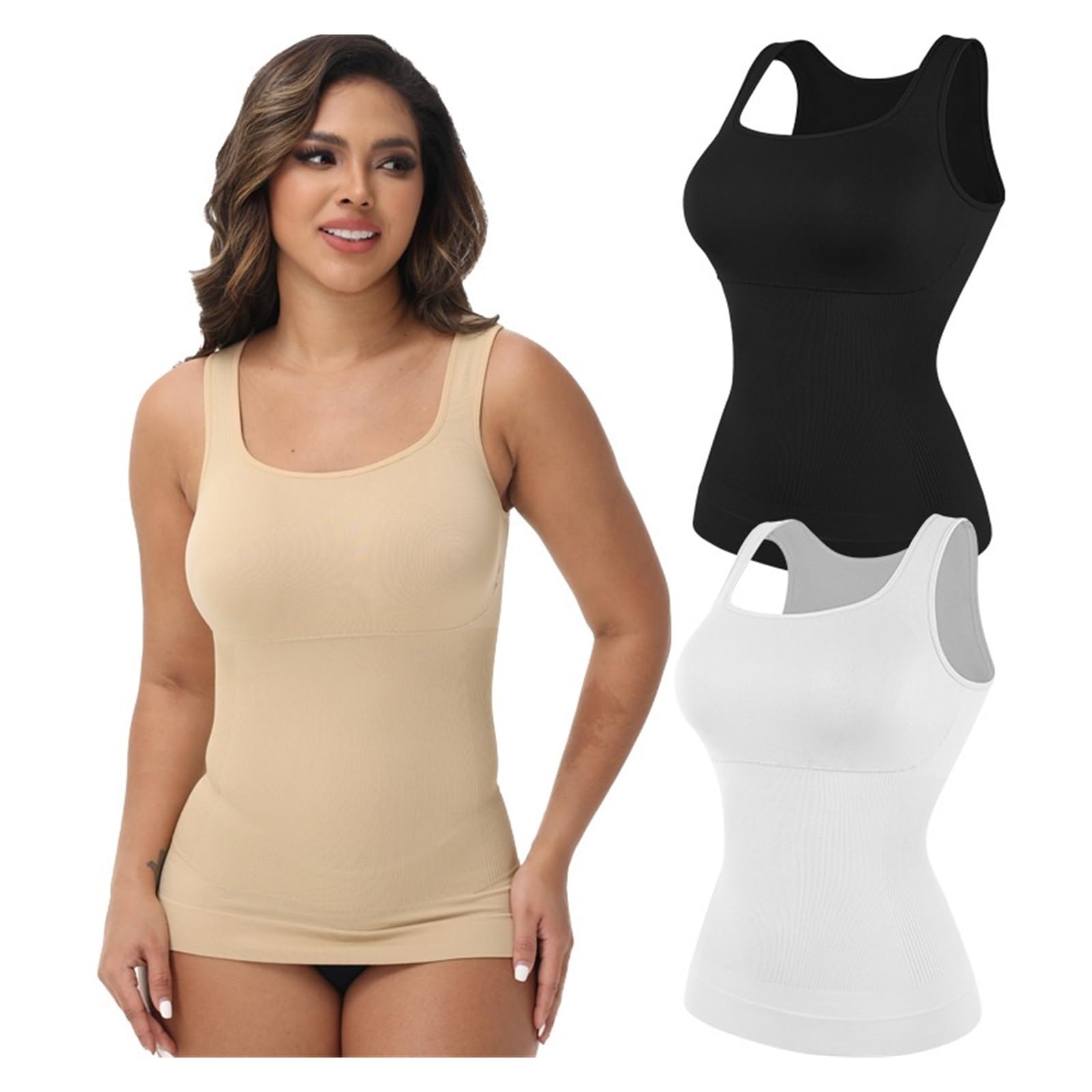Camiseta Reductora Mujer Camisola sin Costuras, Chaleco de compresión, Control de Abdomen, Moldeador de Cintura, Ropa Interior, Camiseta sin Mangas con Cuello Cuadrado(Khaki,M)