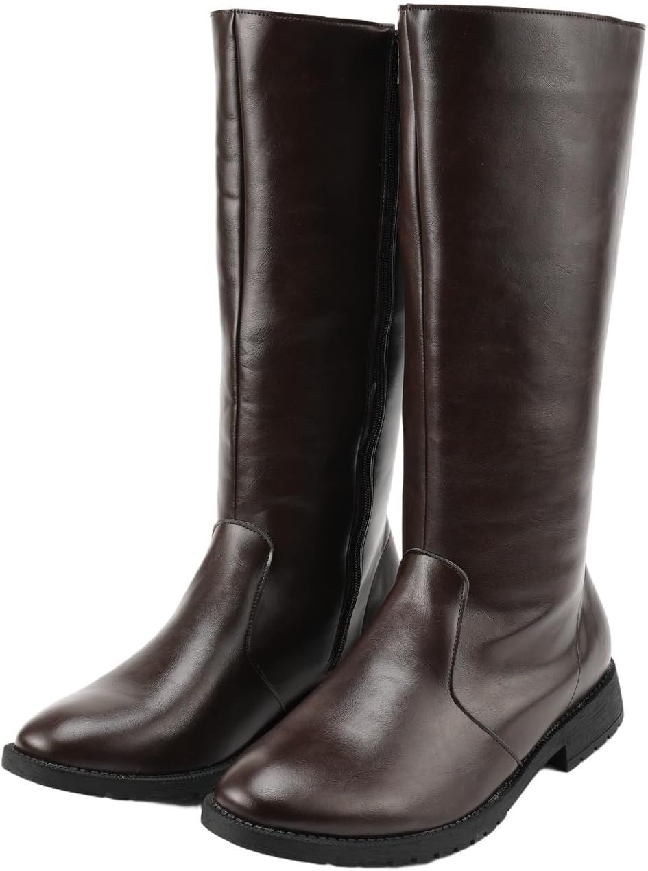 Medieval Knee High Boots Faux Leather Long Boots Low Chunky Heel Square Toe Side Zipper Tall Boots