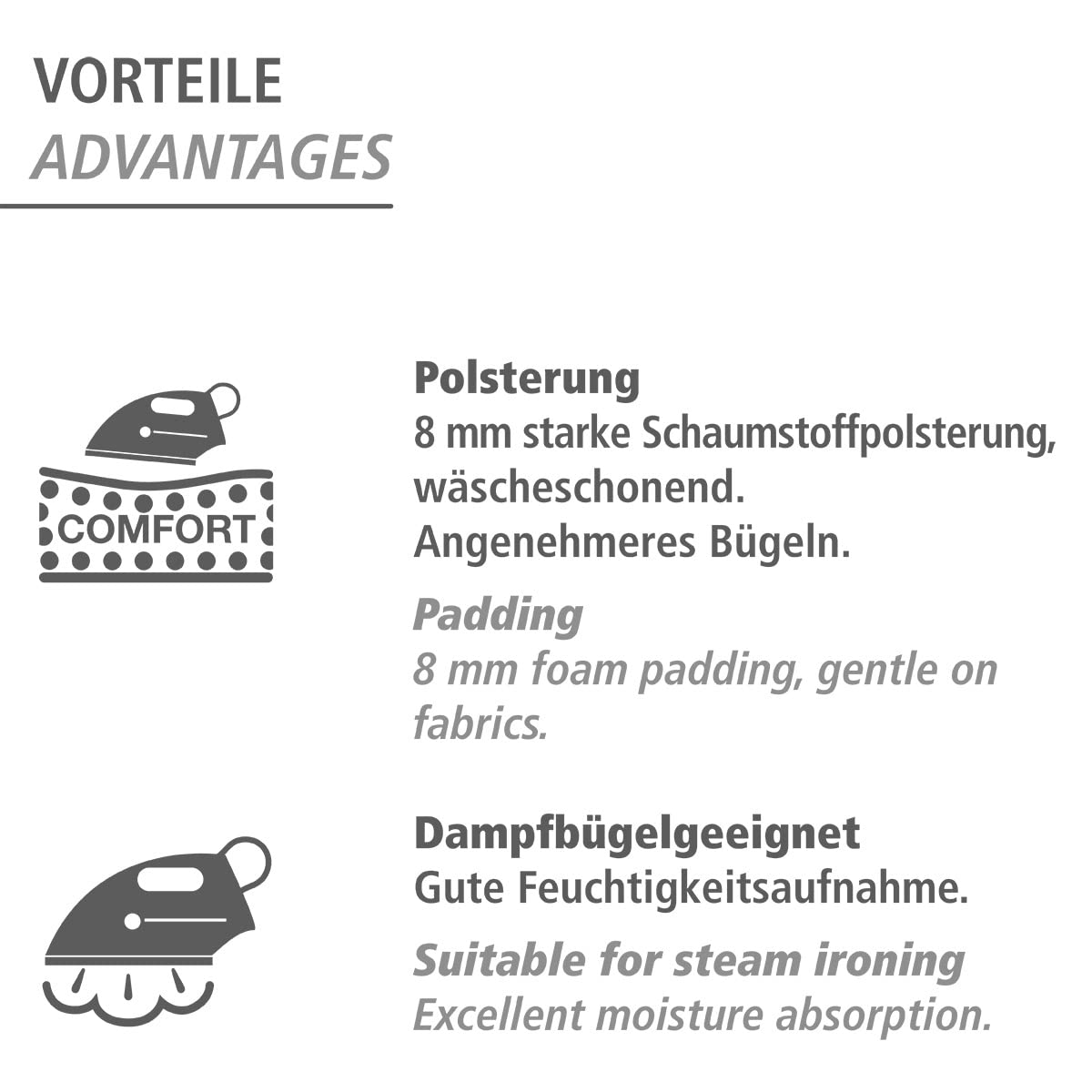 WENKO Bügeltisch Advance, Bügelbrett, dampfbügelgeeignet, höhenverstellbar 73-90 cm, besonders standfest, Rundrohr weiß Ø 22/35 mm, pulverbeschichtetes Metall, Bügelfläche 120 x 42 cm, 8 mm Polsterung