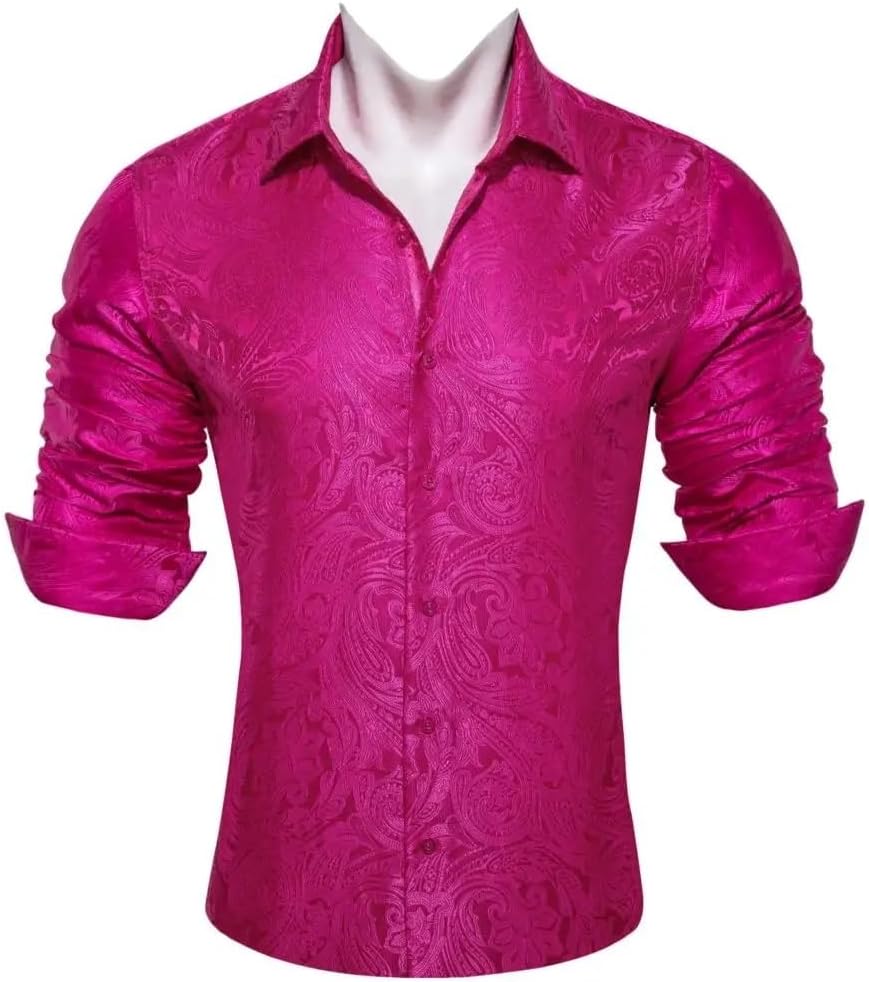Men Silk Long Sleeve Rose Red Paisley Embroidered Slim Fit Male Blouses Casual Tops
