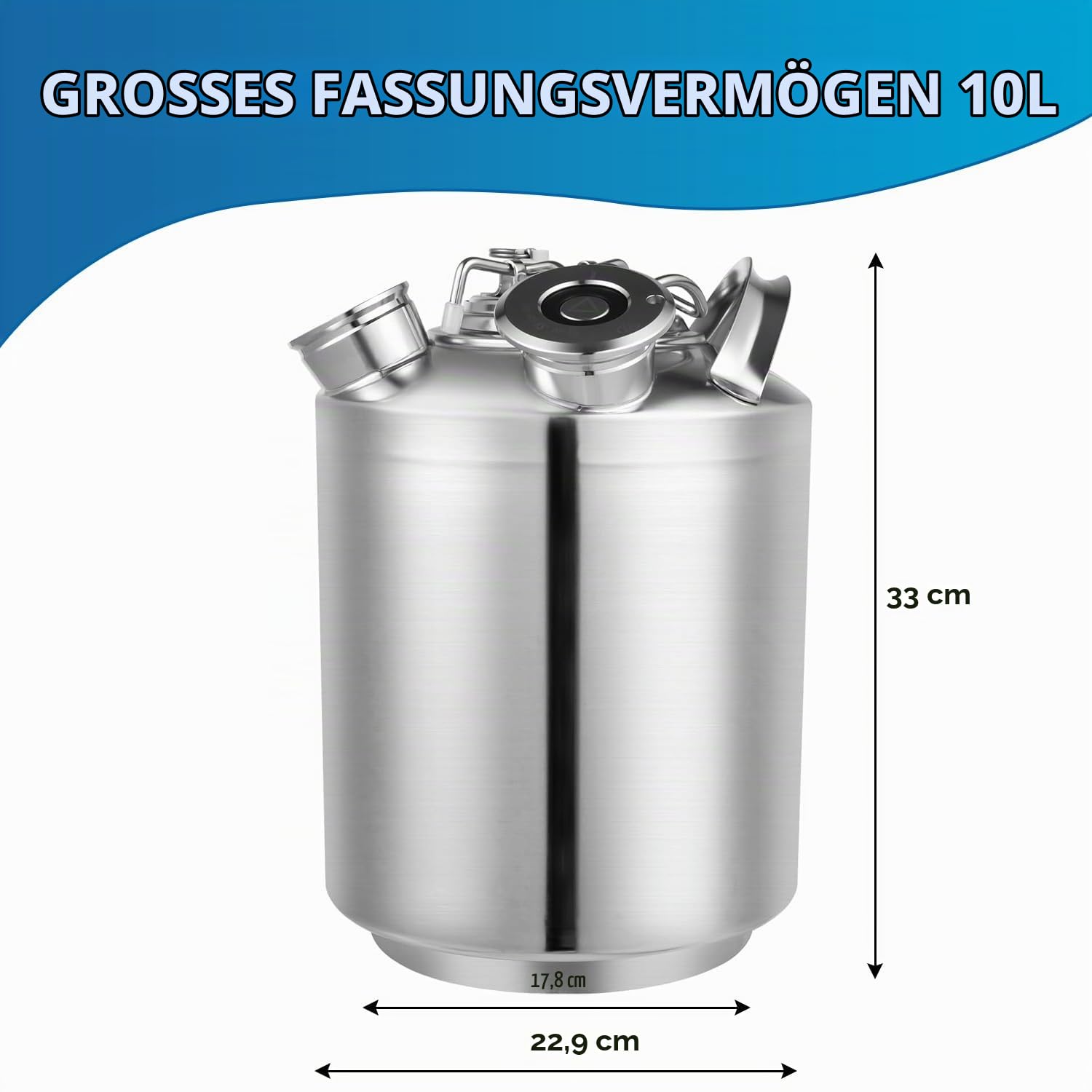 Bier Reinigungsfass 10L Edelstahl 3 Kopf Zapfanlagen Reinigungsset inkl. Keg | -Spießen A, S, G - Bierzapfanlage & Bierleitungsreiniger - Rostfreier 10L Reinigungsbehälter