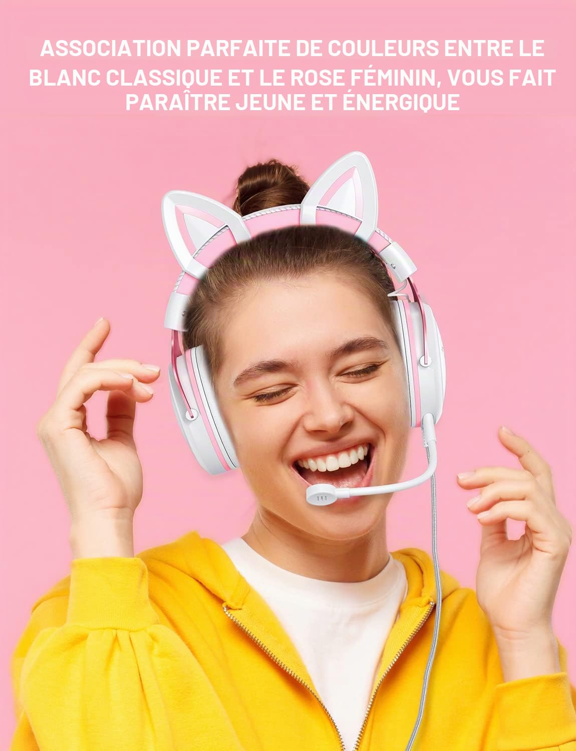 PHNIXGAM Casque de Jeu avec Oreilles de Chat, Casque Filaire avec Micro antibruit, Son Surround, pour PS4, PS5, Xbox One (sans Adaptateur), PC, Mobile, rétroéclairage RVB Blanc et Rose