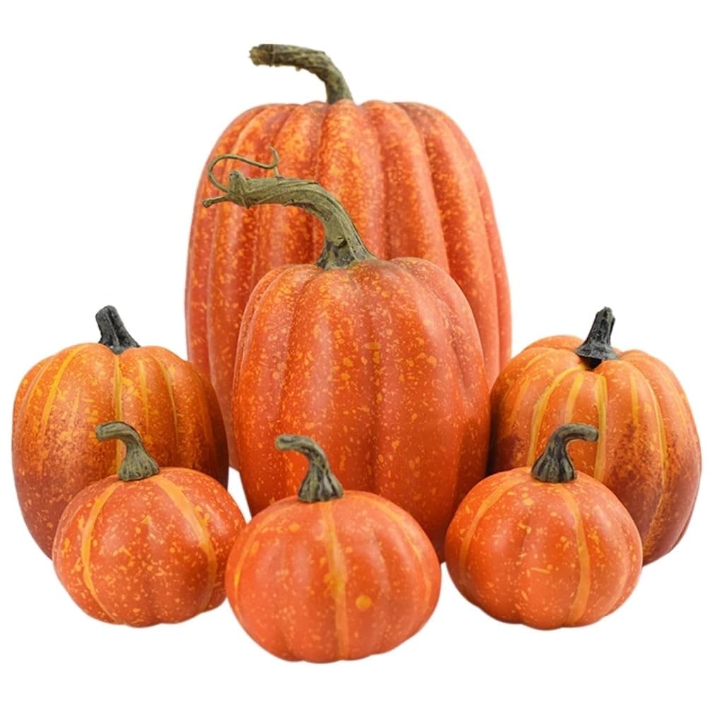 7PCS Pumpkins White Orange, Fall Artificial Pumpkins for Decoration Different Sizes, Thanksgiving Autumn Harvest DIY Foam Pumpkin (A-7PCS)