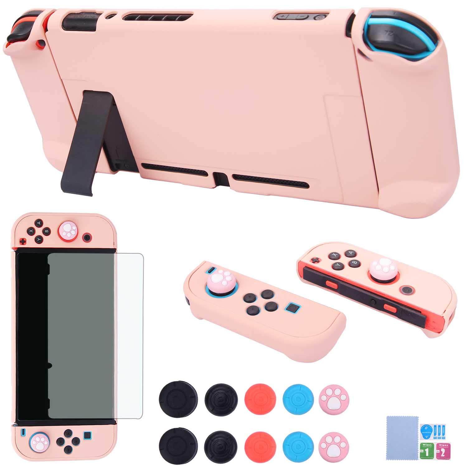 COMCOOL - Funda para Nintendo Switch, funda protectora 3 en 1 para mando Joy-Con y protector de pantalla y empuñaduras para el pulgar, color rosa