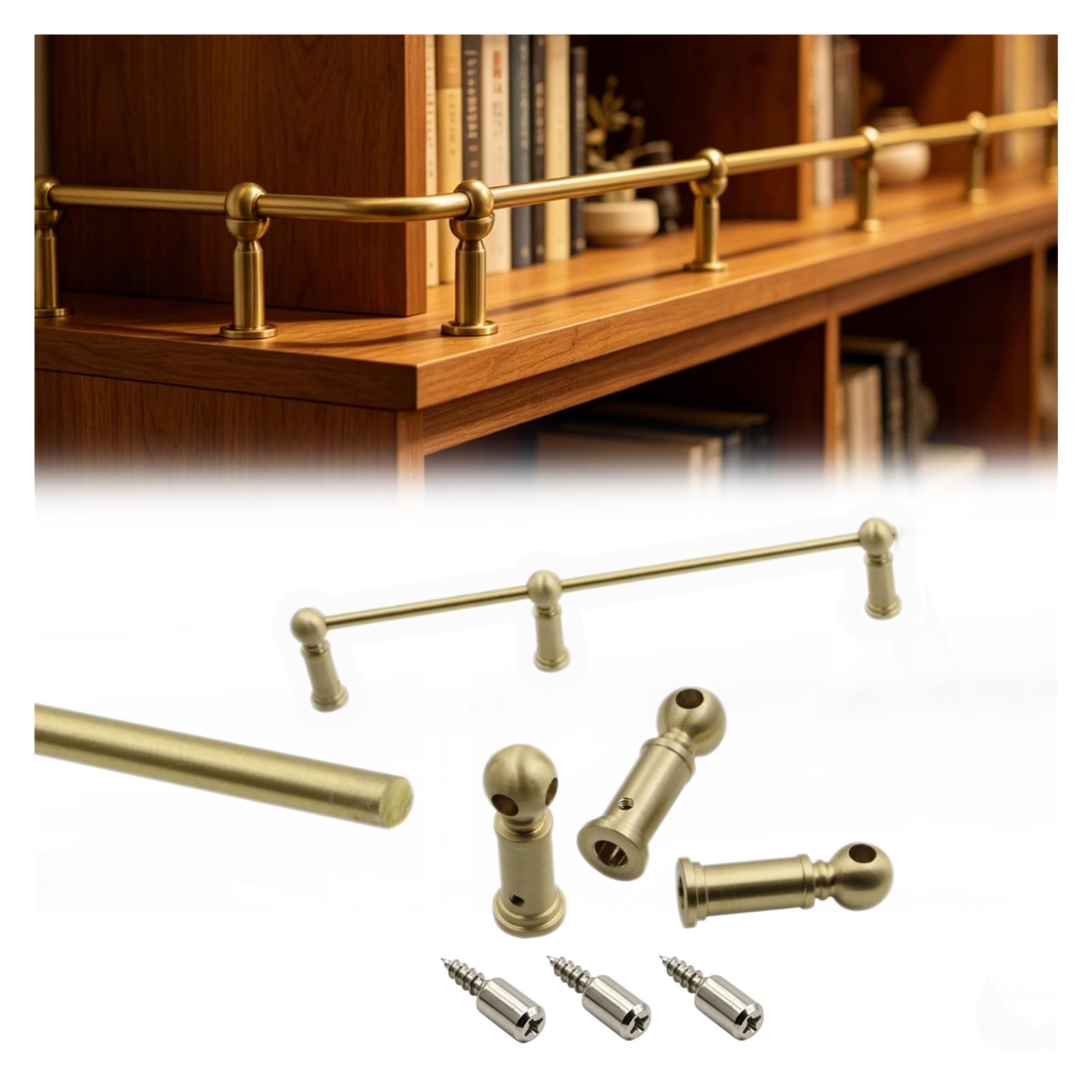 Hphdfs Type A Custom Bookcases Shelf Rail Protector 20-158 Cm, Brass Wine Cabinet Decor Railing With Posts & Screws, Anti-Tipping Gallery Bar For Glassware, Collectibles(,L 46Cm/18.1")