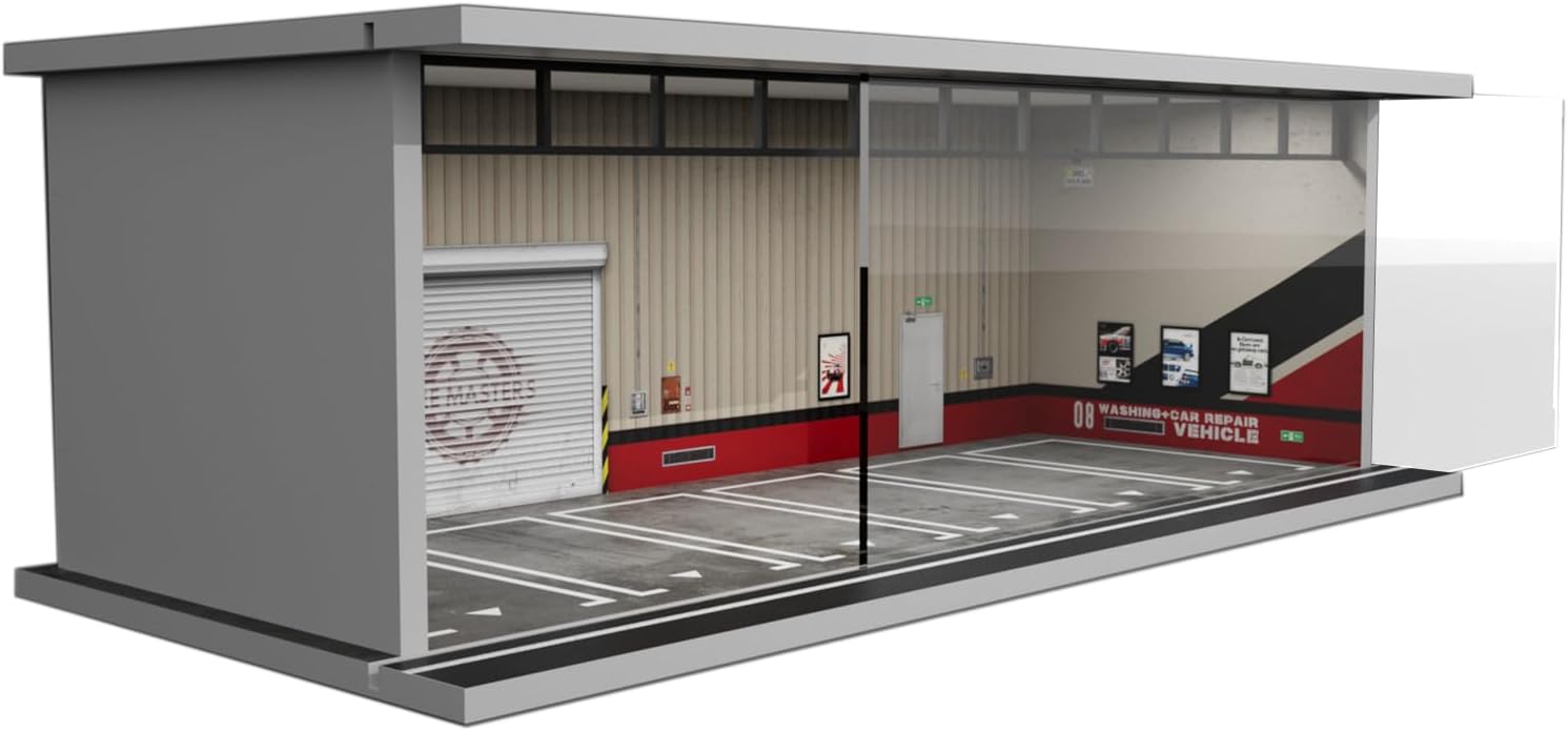 Bivitre 1/64 Diorama Display Case with LED Lights - Compatible with Hot Wheels Matchbox Mini GT Diecast Cars, for Model Car Display and Storage, Stackable Garage(Red Line)