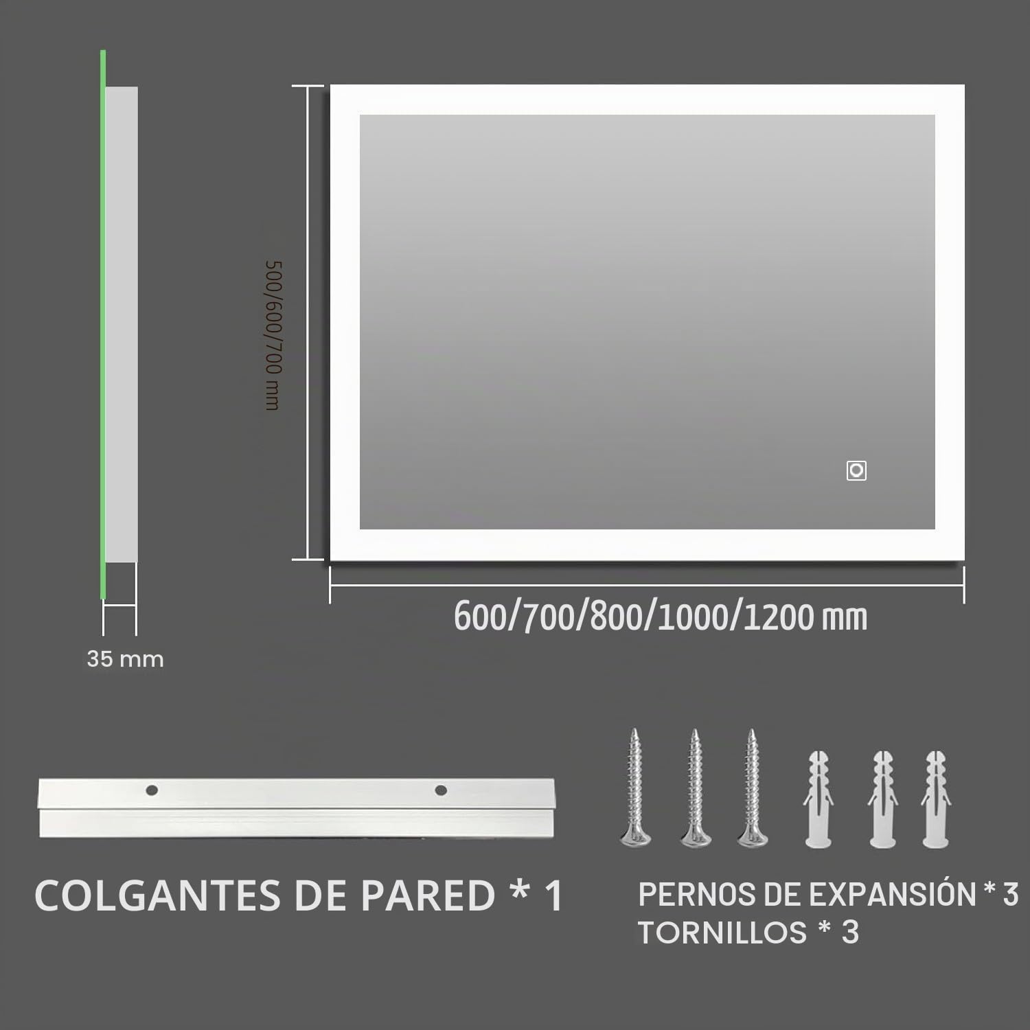 MIQU Espejo de baño LED con iluminación 80x60cm,Espejo de baño Grande con botón táctil - Blanco - 6500 K - Luz - Espejo de Pared para baño, WC, Pasillo