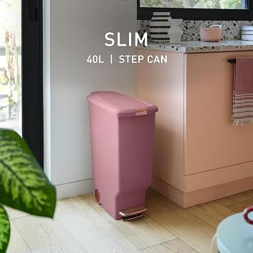 simplehuman Slim Step Can, 40L / 10.6 Gallon Space-Efficient Kitchen Trash Can, Studio Edition, Pet-Proof Slide Lock, 150,000-Step Pedal, Wheels, Blush Plastic