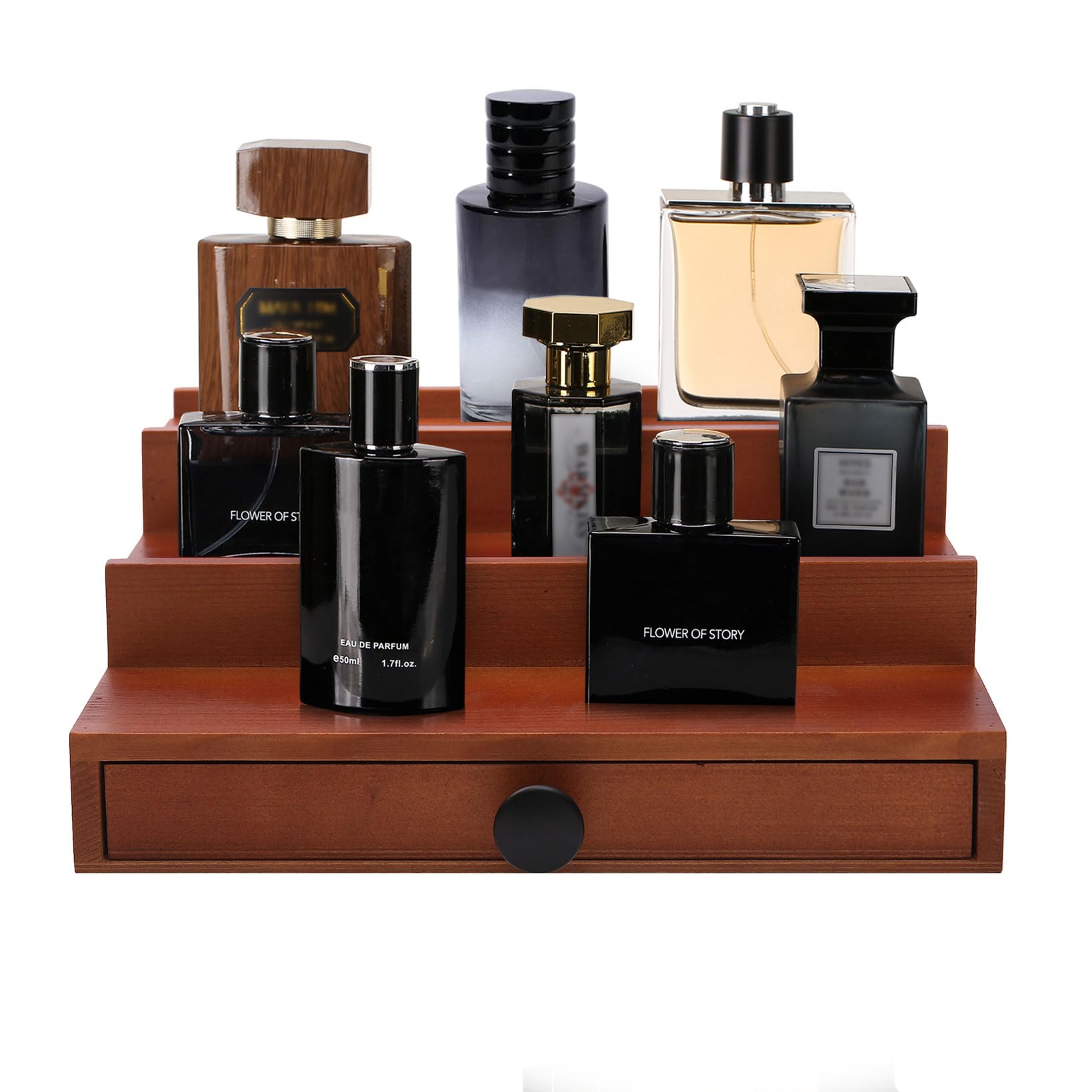 Fengligoo Men's Solid Walnut-3 Tier 3 Tier Cologne Organizer For - Wooden Walnut Cologne Perfume Display Stand With Drawer And Hidden Compartt, Cologne Rack Holder Shelf For Room