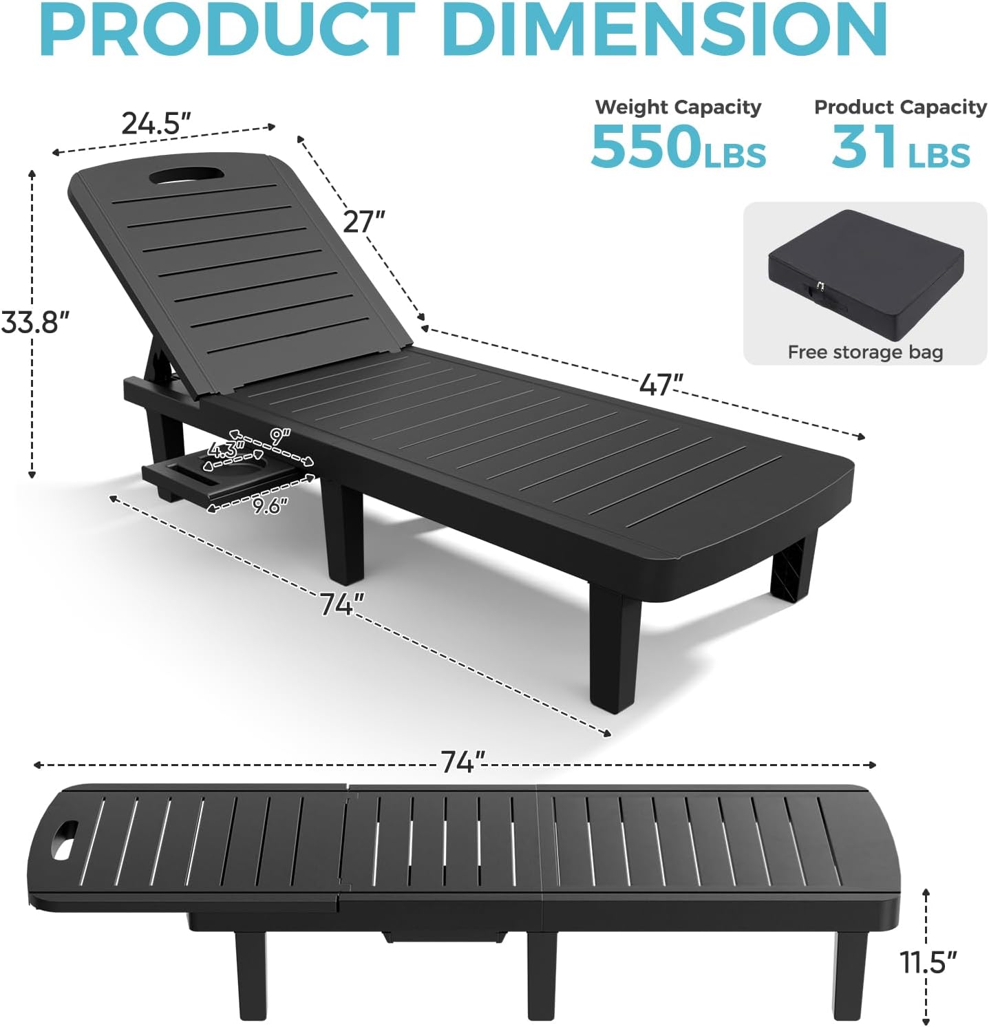 Outdoor Chaise Lounge Set of 2, 5-Position Adjustable Sun Lounge w/Pull-Out Tray, Waterproof PP Lounge Chairs for Outside, Lounge Chairs for Poolside, Patio, Beach, Yard in All Weather,Black