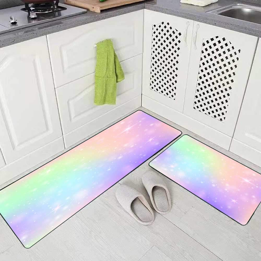 Musesh Kitchen Rugs 2 Pieces, Holographic Background Rainbow Universe Banner in Princess Colors Fantasy Gradient Backdrop Hologram Fairy Soft Non-Slip Kitchen Mat Set 17"X48"+17"X24" Rug for Kitchen