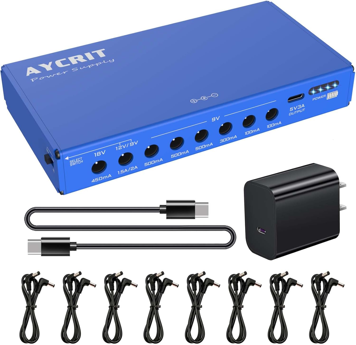 [New Version] AYCRIT Guitar Pedal Power Supply, Rechargeable 12800mAh 9 Outputs 9V2A/12V1.5A/18V450mA and 5V3A USB-C Port for iPhone ipad (MUSTAN-01) Style