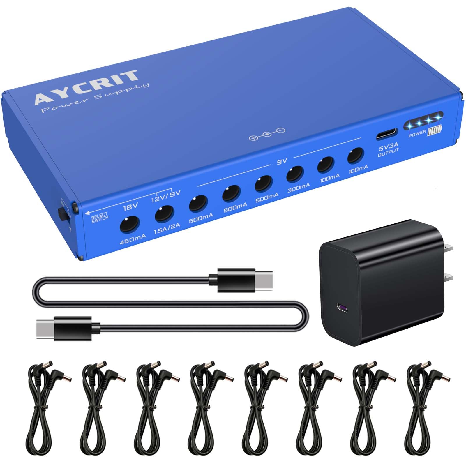 Alimentatore a pedale per chitarra, ricaricabile, 12800 mAh, 9 uscite, 9 V2A/12 V, 1,5 A/18 V, 450 mA e 5 V2 A, porta di tipo C per iPhone e iPad (MUSTAN-01)