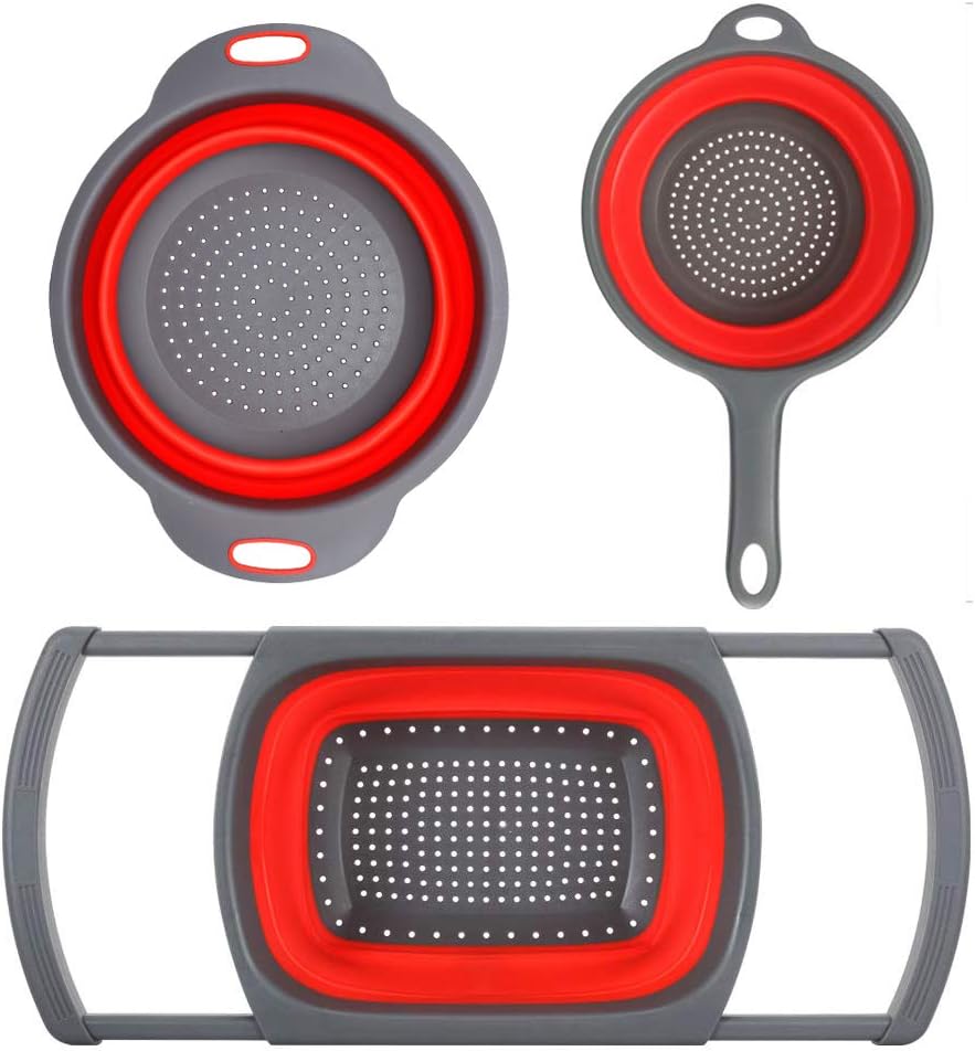 Huanlemai 3-Packs Red Silicone Kitchen Colander Set - 6-Quart Over The Sink Collander + 4-Quart Veggies/Fruit Basket Strainers and Colanders + 2-Quart Pasta Strainer With Handle
