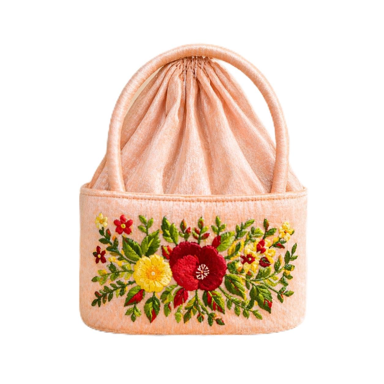 Velvet Potli Bag for Women with Floral Hand Embroidery | Ethnic Bridal Batwa Handbag with Dual Handle | Wedding Return Gift | Drawstring Pouch for Saree Lehenga | Peach | pack of 1-image-45