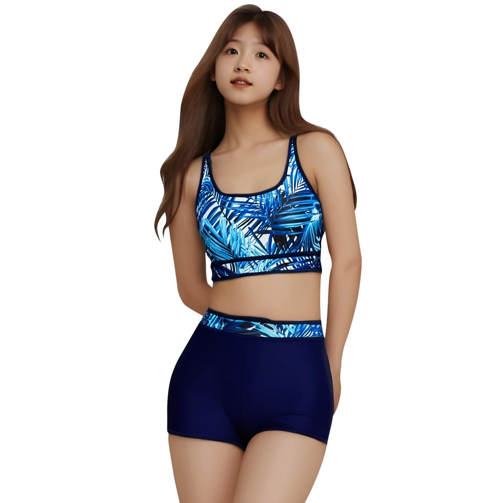 Maillot de bain 3 pièces pour femme - Maillot de bain à manches longues avec short push-up - Pour l'été, la plage, la piscine, les vacances