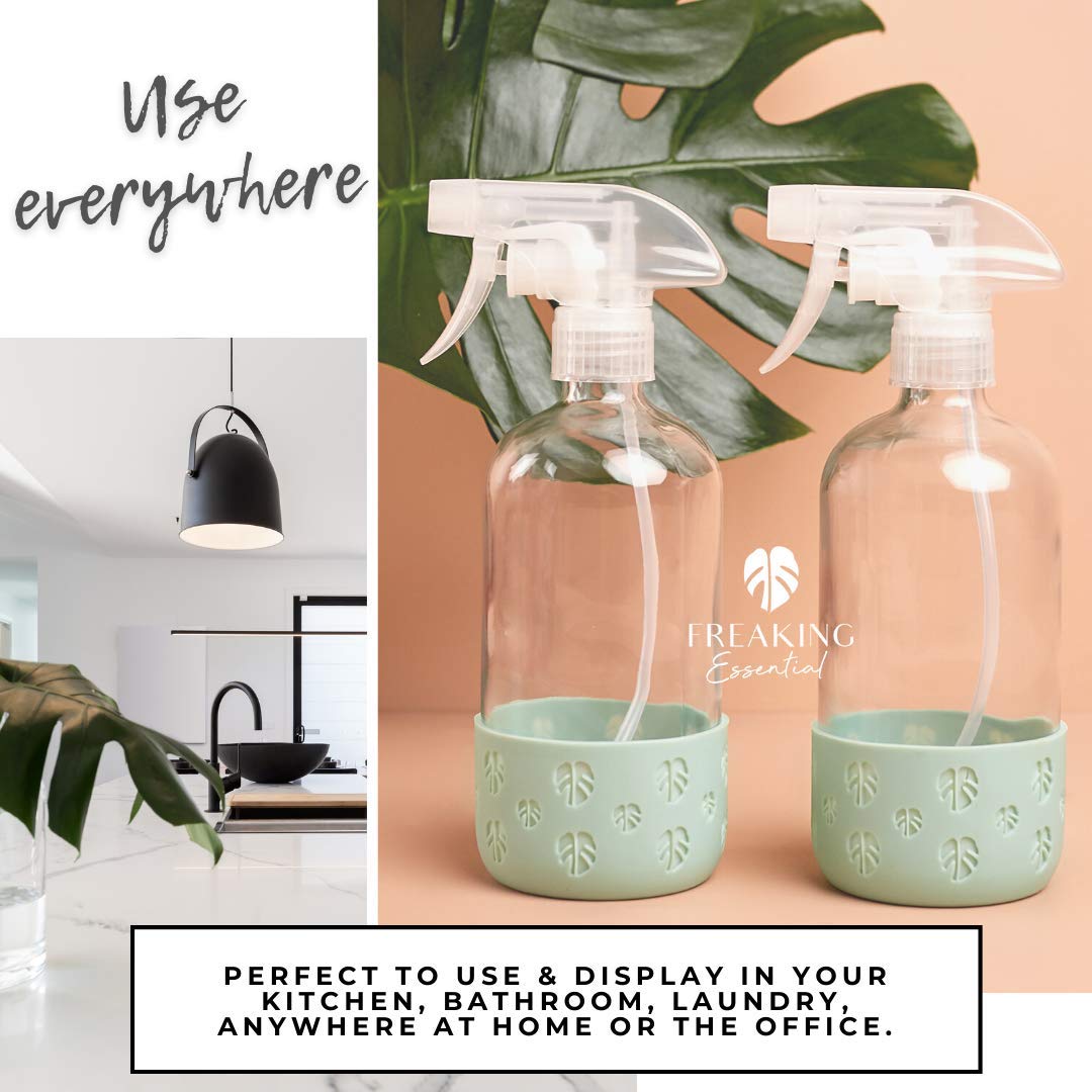 Empty Clear Glass Spray Bottle - 16 oz with Silicone Sleeve, Funnel, Labels - Refillable Spray Bottles for Essential Oils, Cleaning Solutions, Plants - 2 Pack (Cactus Green)