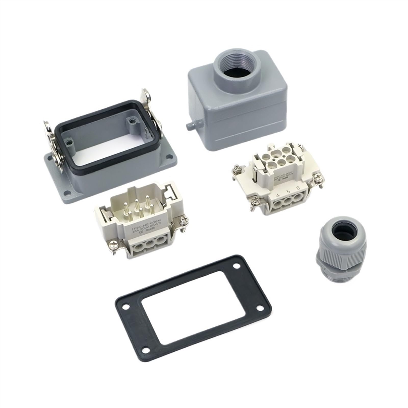 Conector rectangular de alta resistencia HDC HE 6 pines 500 V 16 A Contacto Conector de tornillo de potencia industrial Entrada lateral/superior HDC-HE-06(Top entry)