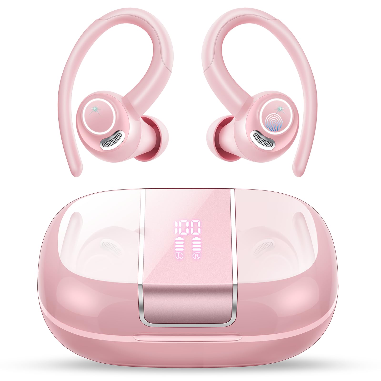 Wireless Earbuds Bluetooth 5.3 Headphones Sports, 48Hrs Playback Over Ear Buds with CVC8.0 Mic, Bass Stereo Bluetooth Earbuds with Earhooks, LED Display, IP7 Waterproof Earphones for Running Pink