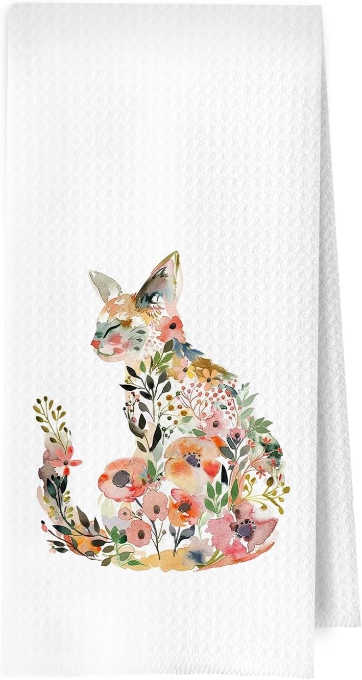 Orange Cat Kitche Towels - Botanical Orange Cat Gift Decorative Waffle Dish Towels, Cats Lover Gifts Hand Towel, Blue and White Floral Tea Towel, 16x24 Inchs