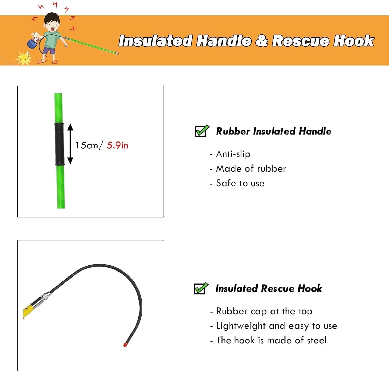 Insulated Rescue Hook- with Reinforced Fiberglass Handle, Lightweight High Voltage Insulated Rescue Hook for Power Station/Factory/Auto Maintenance,100kg/ 220lb (1m/3.3ft)