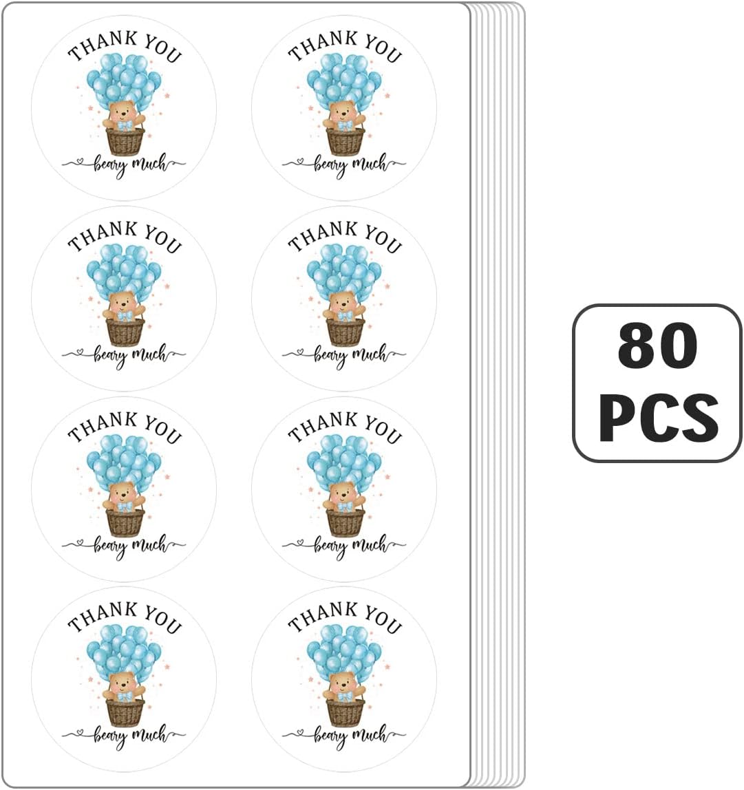 2.4 Inch Blue Bear Balloon Thank You Berry Much Sitcker,Baby Boy Thank You Bear Stickers,Boy Teddy Blue Bear Theme Favors Labels Decorations Supplies for Boys(80 PCS) - Image 3