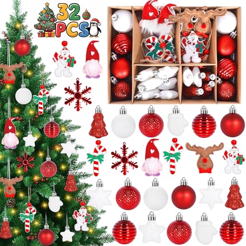 Vautvis Juego De Bolas De Navidad, 32 Piezas, Gnomo Navidad, Adornos Árbol Navidad, Bolas De Plástico Blancas Y Rojas para Decoración Casa