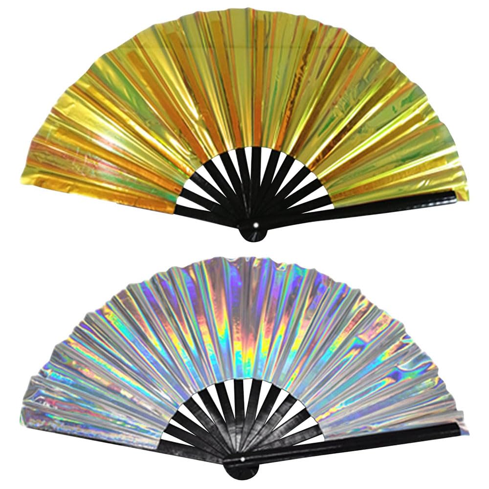 2pcs Holographic Big Hand Fan Large Folding Hand Fan, Hand Held Fan for Party Night Club, Festivals, Halloween Decorative Holding Fans Rave Accessories(Gold+Silver)