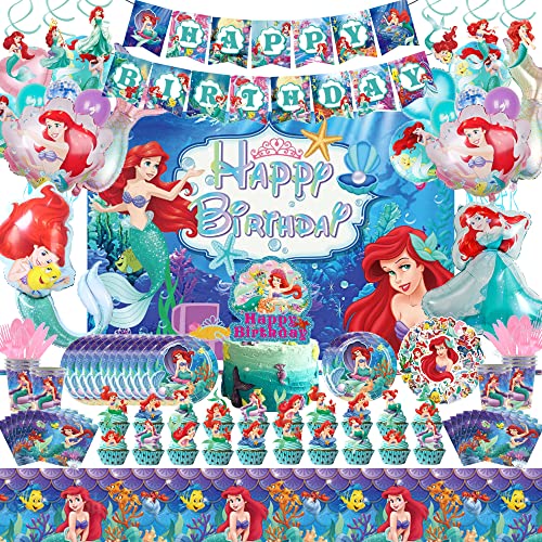 Image of 180pcs girls birthday party decorations for girls with Balloon,Cake Toppers, Pennants ,Invitation letter,Stickers, Plastic Swirls, Tableware,Paper Cup,Tablecloth, Backdrop For Theme Party