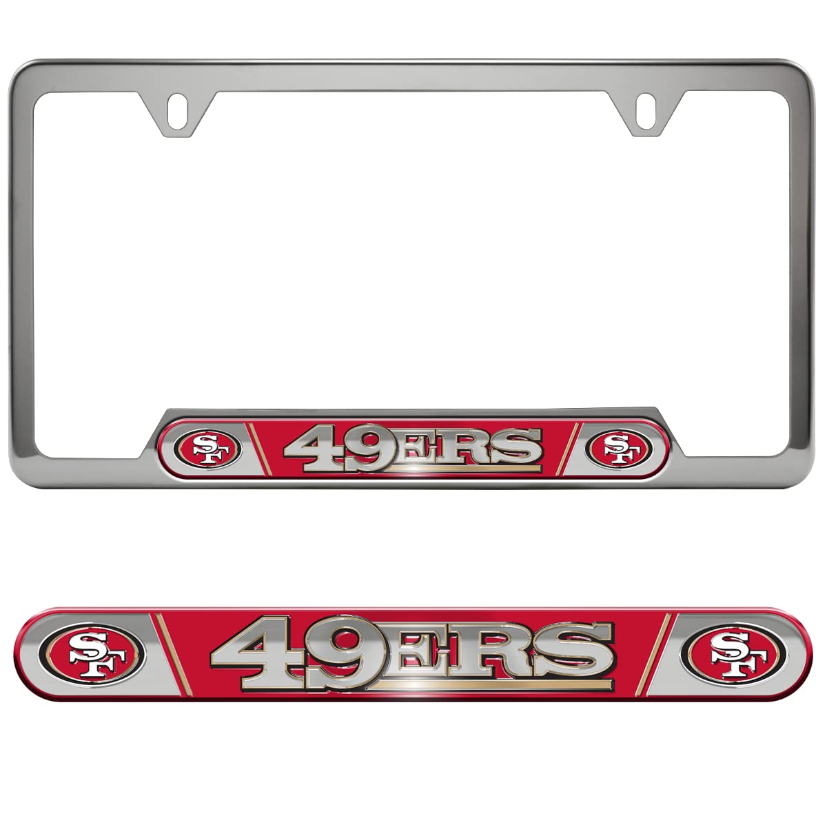 FANMATS61966 San Francisco 49ers Embossed License Plate Frame, Stainless Steel Frame with Stamped Aluminum Team Logo Inserts, 6.25in x 12.25in