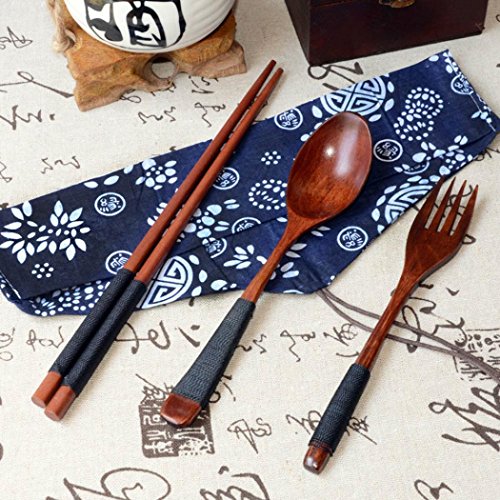 Forestime Japanese Wooden Chopsticks Spoon Fork Tableware 3Pcs Set New Gift (1 Set, Brown) #TOP4