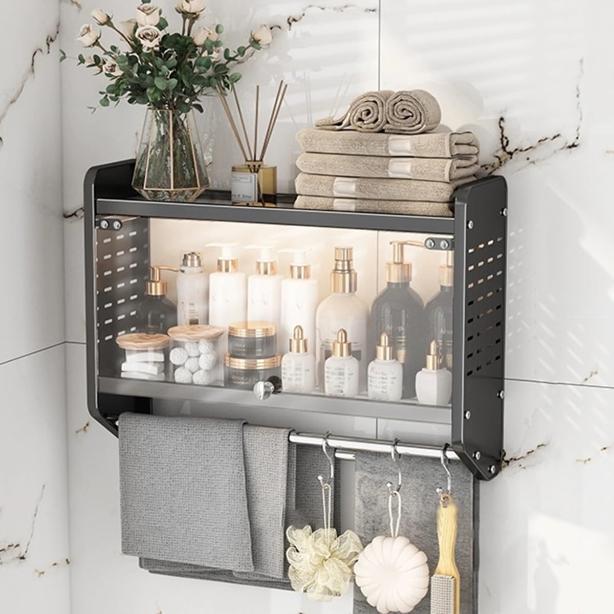 トイレ収納、2段バスルームオーガナイザーシェルフ、多機能バスルーム収納ラック、2種類の取り付け、フック付きスペースセーバー、キッチン