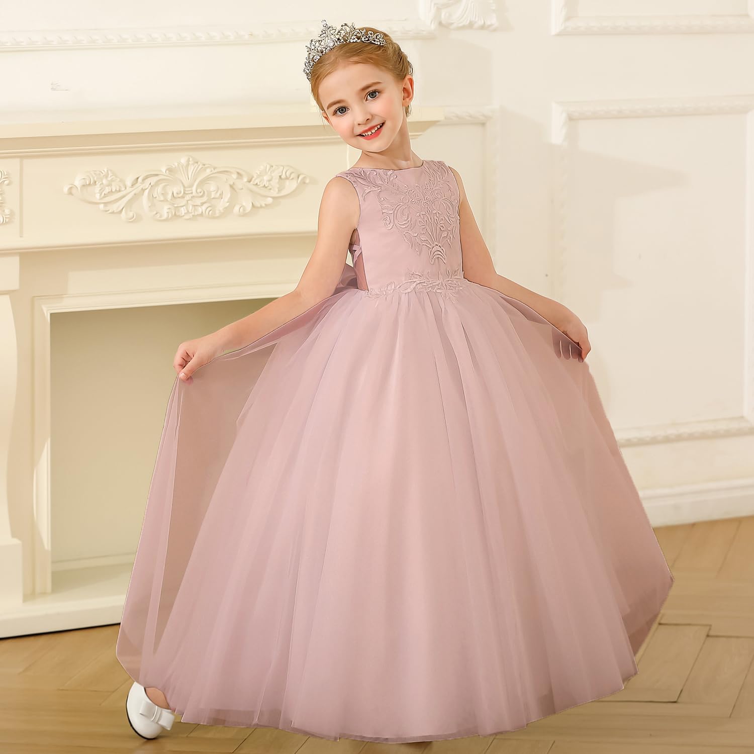 PLWEDDING Robe élégante en dentelle brodée pour fille florale pour mariage, enfant, dos en V, robe de bal avec nœud