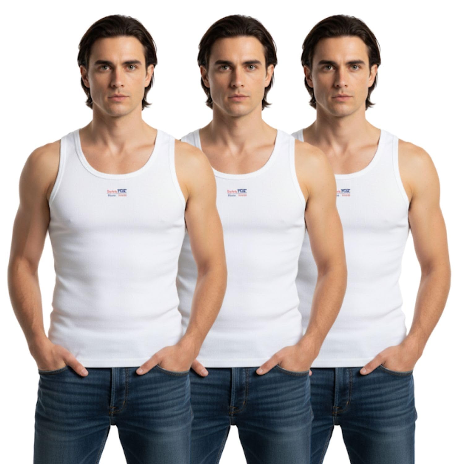 Men's White Pack Of 3 Cotton Sleeveless Tank Vest Soft Ribbed Fabric Breathable Summer Innerwear Slim Fit Regular Gym Undershirt (90CM)-picture-47