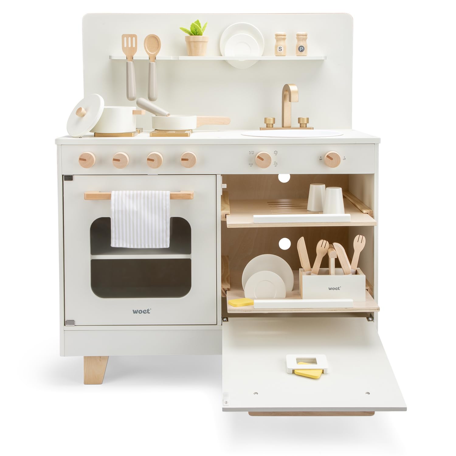 Woet® Cucina Giocattolo in Legno con Lavastoviglie per Bambini - Forno, Lavandino e 23 Accessori - Set Chef di Imitazione - Dai 3 Anni in Su