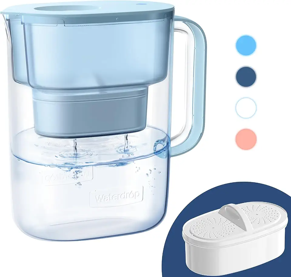 Waterdrop 200-Gallon Long-Life Lucid 10-Cup Water Filter Pitcher, NSF Certified, 5X Times Lifetime, Reduces PFAS, PFOA/PFOS, Lead, Fluoride, Chlorine and More, BPA Free, Blue