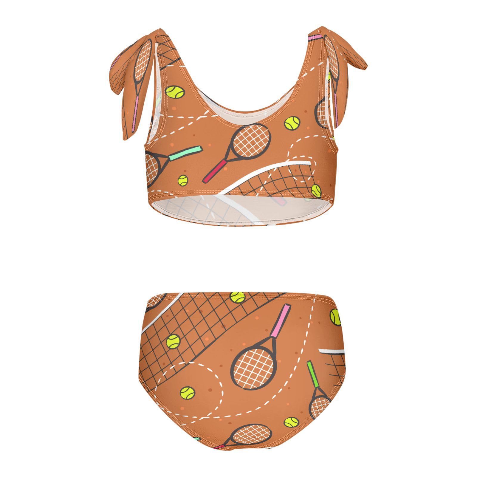 Color Sport Tennis Racket Ball Girls Swimsuits 2 Piece Swimwear Bikini Set Beach Bathing Suit for Summer Girl Kids 9-10T Multicolor
