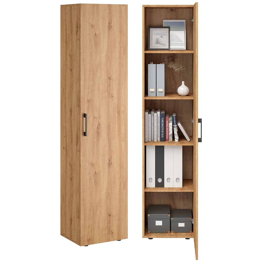 Bellamio Apol Aktenschrank 40 cm, mit 5 Fächern, Eichenoptik aus Holz | Mehrzweckschrank breit, Hochschrank schmal, Aufbewahrungsschrank & beidseitig montierbare Tür, Büroschrank, Flurschrank