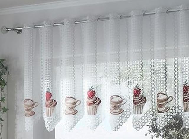 MforStyle White Cafe Net Curtain Coffee Cupcake HEMMED SIDES - READY TO HANG - WIDTH Sold by the metres. DROP 28" (70cm).