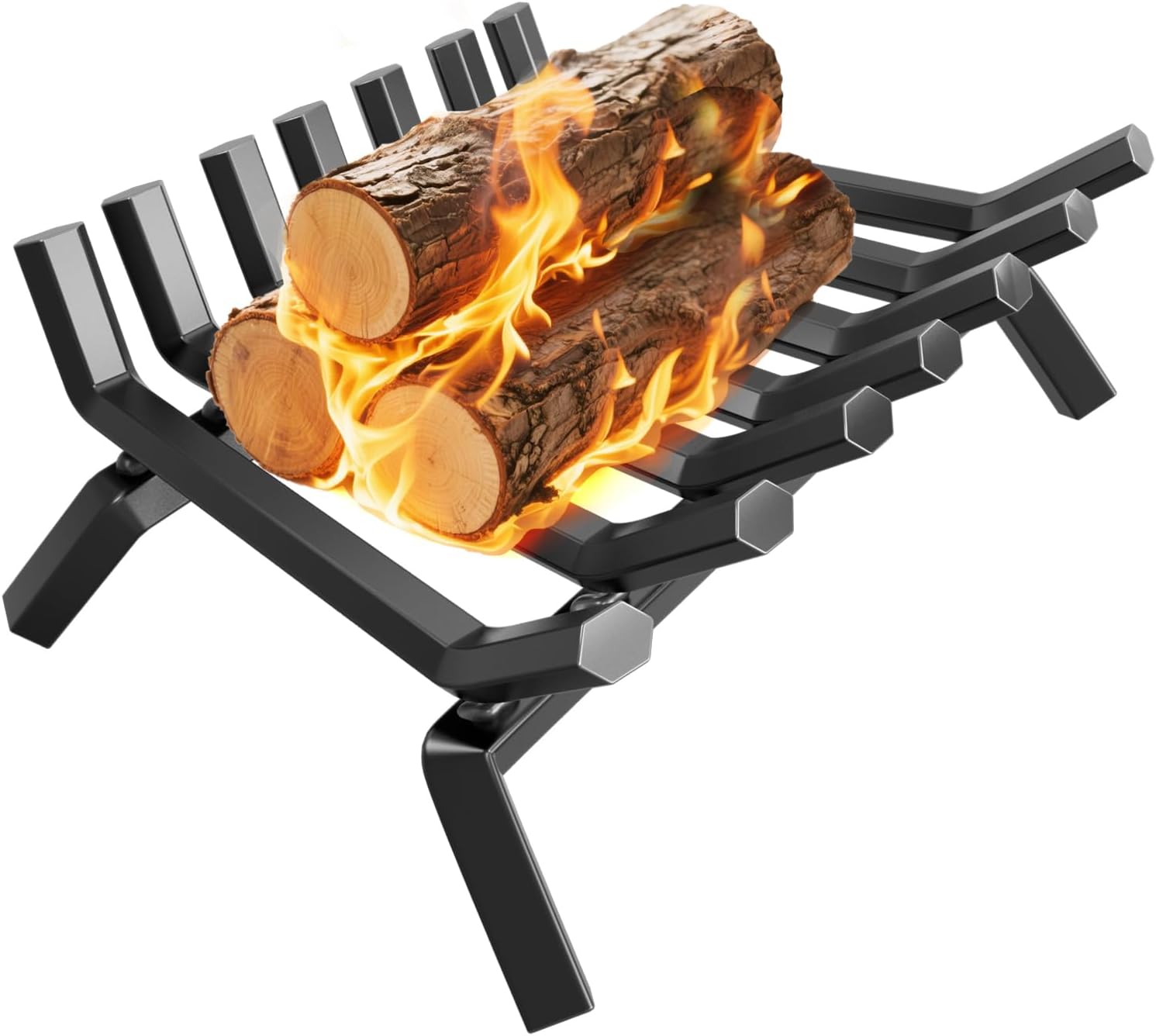 A heavy-duty cast iron fireplace grate holding burning logs.